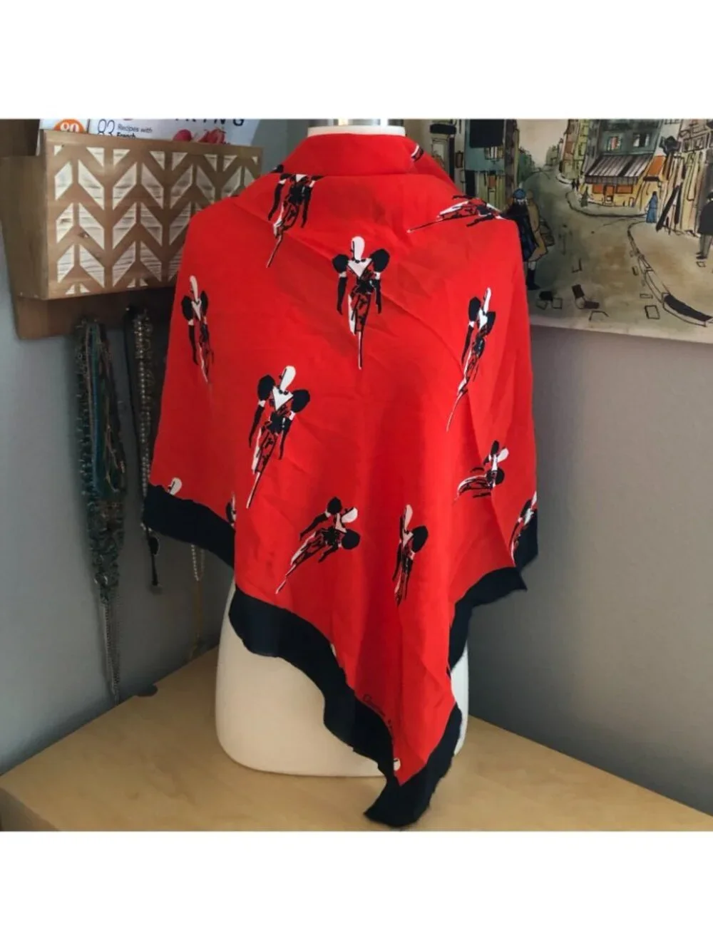 Vintage Christian Dior Silk Scarf Red Black White 50's Couture Evening Gown RARE